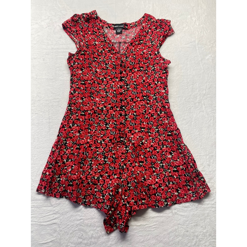 Wet Seal Red Rose Floral Button Front Rayon Romper Small Vintage Style 90s Y2K